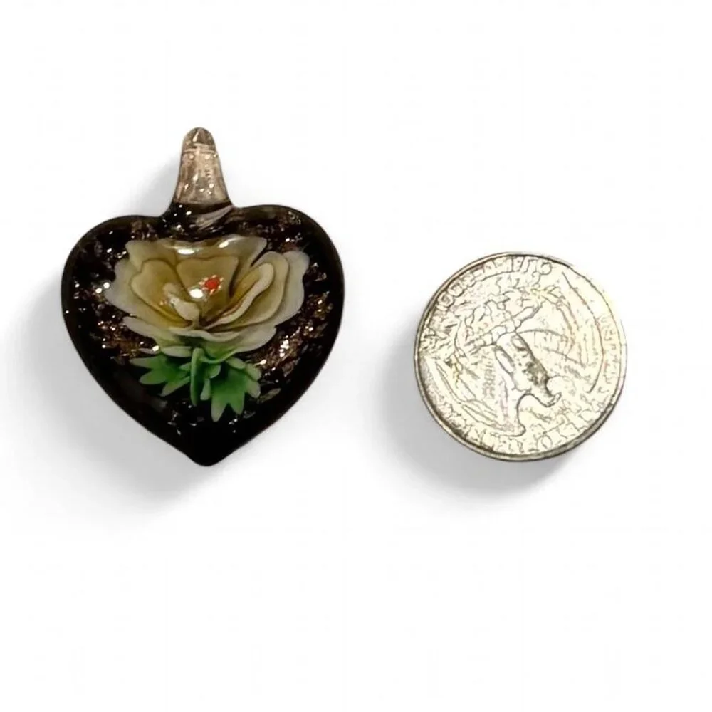Art Glass Heart Bubble Pendant Necklace Lampwork Flower Handmade Floral Rose‎